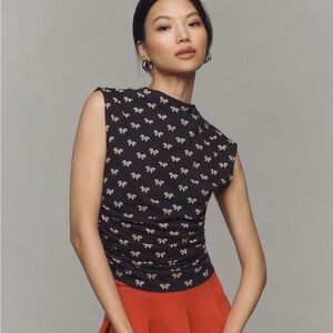 Anthropologie Black ruched top with cute bow print NWT
